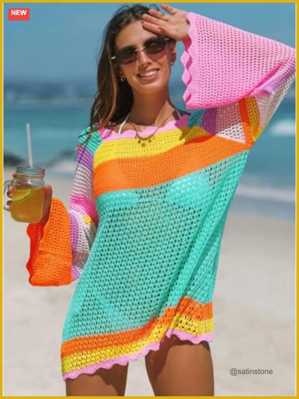 Crochet Swimsuit Cover Up Color Block Bathing Suit Coverup